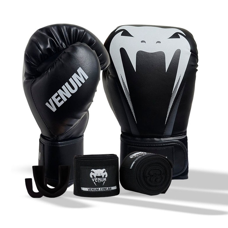 Kit Boxe Muay Thai Venum Luva + 2M Bandagem + Bucal Giant Logo Sticher Preto