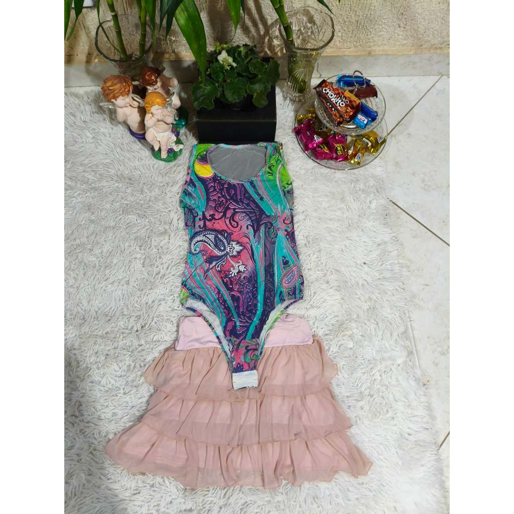 Conjunto Juvenil Feminino, (Body Regata Estampado + Saia Malha c/ Tule Rosé), Tam: 14, Marca: Dmbauer