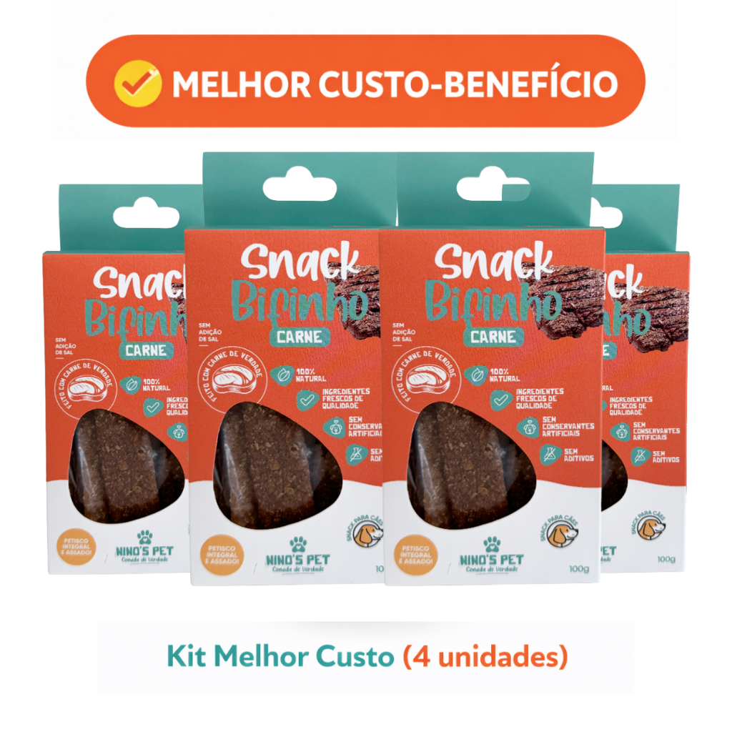 KIT 4 Petiscos Saudáveis para Cachorro - Snack Pet Bifinho de Carne 100% natural - Ninos Pet - 100g