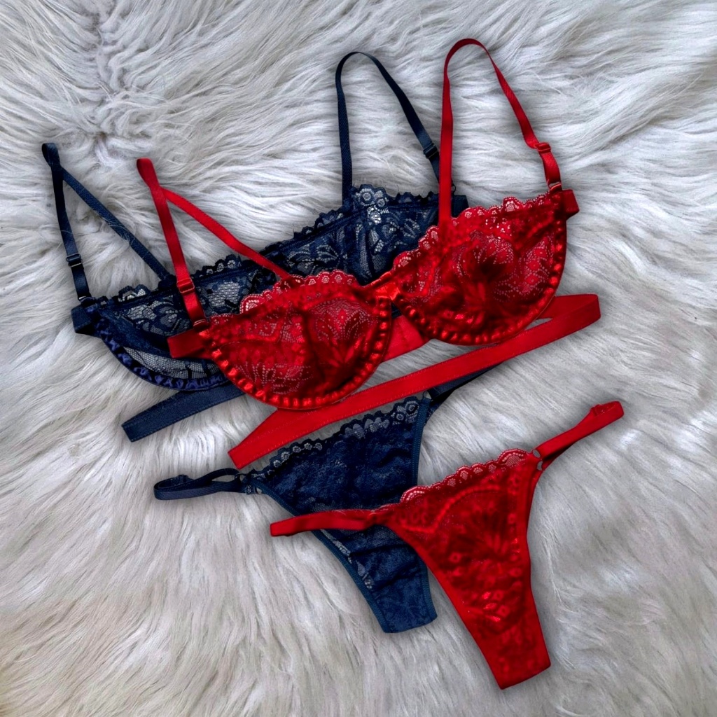 Kit 2 Conjunto Feminino Lingerie Renda Sexy Sutiã Meia Taça Com Aro + Calcinha Conforto Regulável