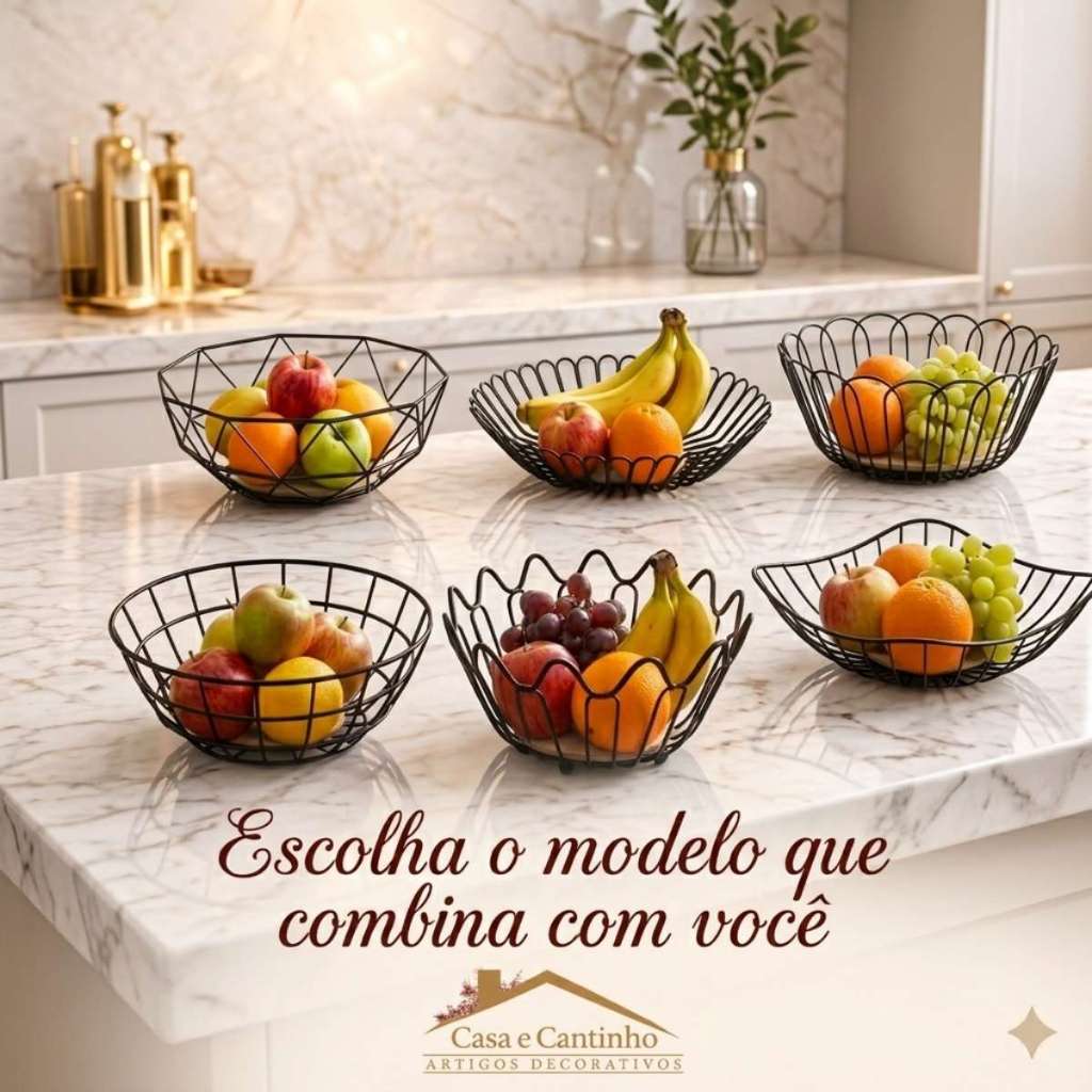 Fruteira de Mesa Rustica de Ferro e Bambu para Café da Manhã Multiuso de Metal Preto