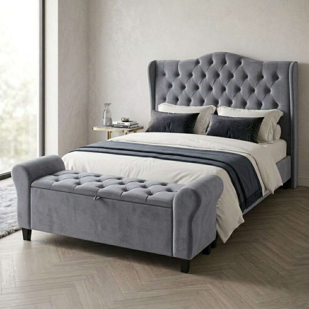 Conjunto Cabeceira Com Recamier Baú Estofado Para Cama Box King de 1.95 m Capitonê Dubai - LH Móveis