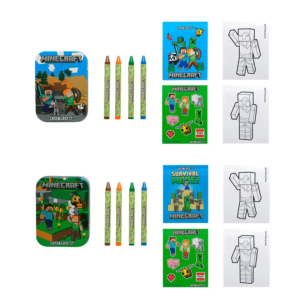 MINI LATINHA MINECRAFT  C/ 1 LIVRO DE COLORIR 2 CARTELAS DE ADESIVOS 4 GIZ DE CERA