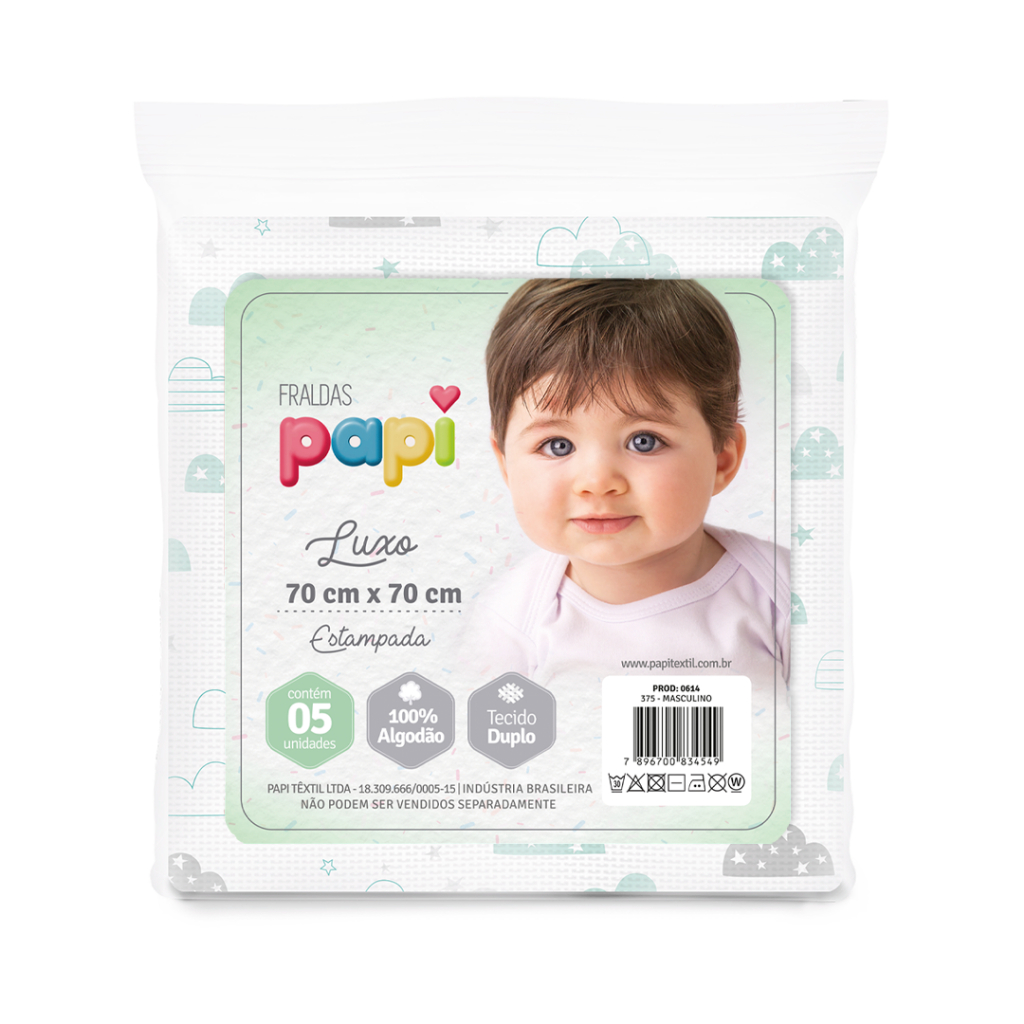 Kit Fralda de pano Papi Luxo Estampada 70x70cm 100% algodão com 5 unidades! Ideal para o dia a dia.