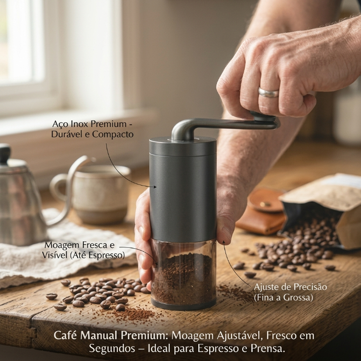 Moedor de Café Manual Ajustável Portátil em Aço Inox para Grãos Café Espresso