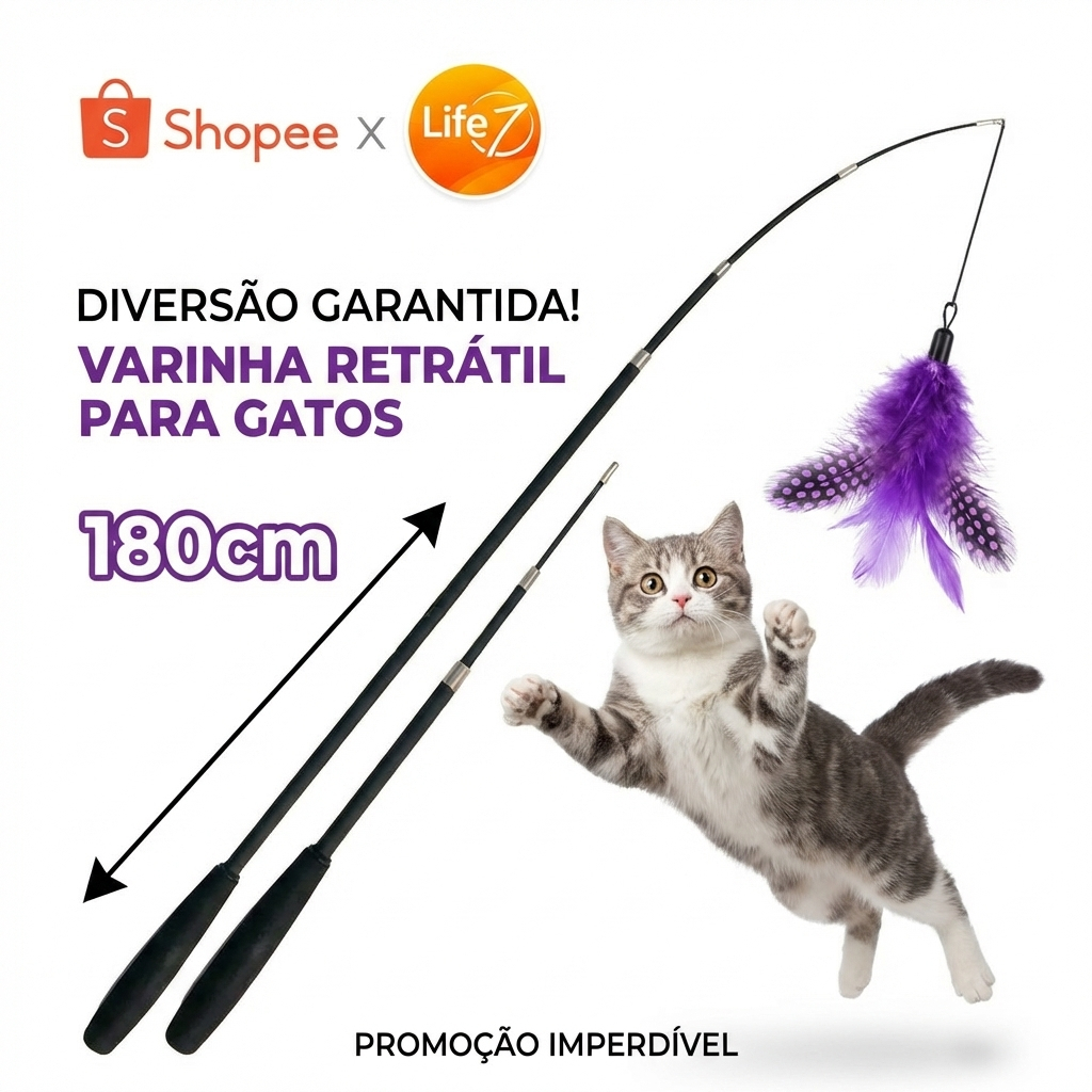 Varinha de Brinquedo para Gato Interativo com Pena Retrátil para Caçar e Morder a Pena