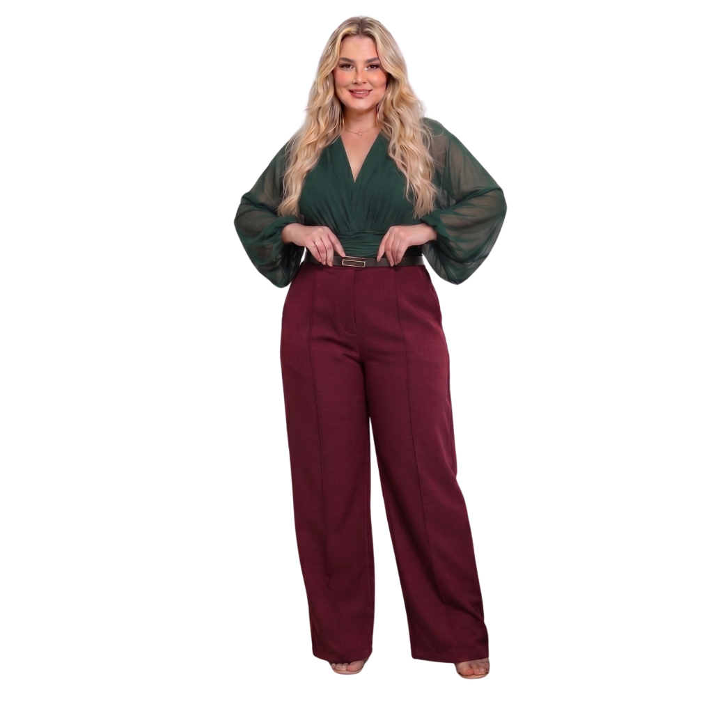 Calça Pantalona Plus Size Alfaiataria Cintura Alta com Cinto Elegante Feminina Social Moda 2026