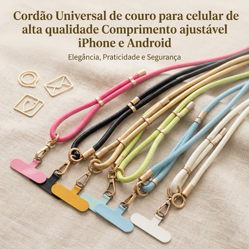 Cordão de luxo para pescoço estilo couro para celular iPhone Android, universal