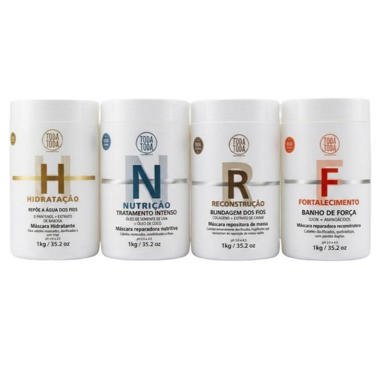 Kit Cronograma 4 Máscaras 1kg Hidratação, Fortalecimento, Nutrição e Reconstrução – Toda Toda