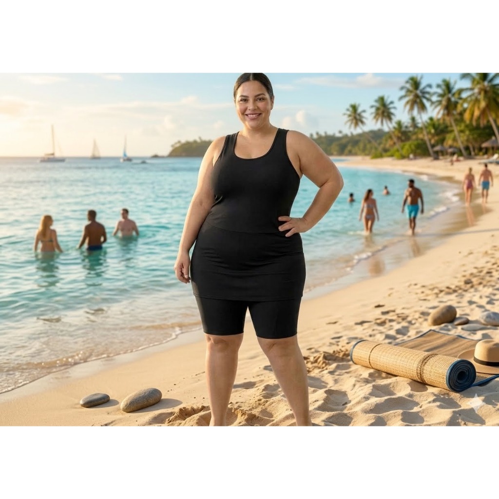Maiô Macaquinho Hidroginástica Com Saia Sobreposta Plus Size