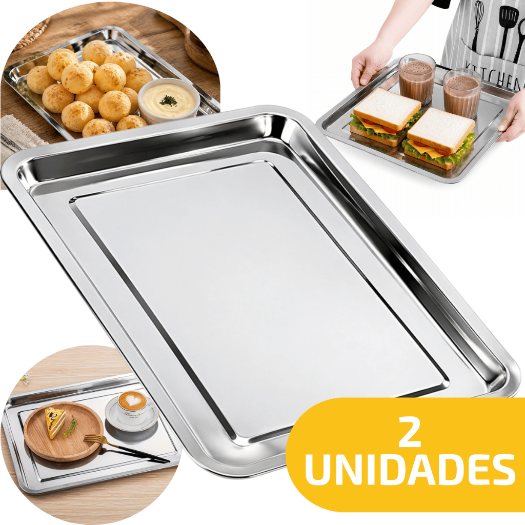 2 Travessa Inox 50x40cm Rasa Grande para Servir Refeições Guarnições Apoio Talheres Restaurante