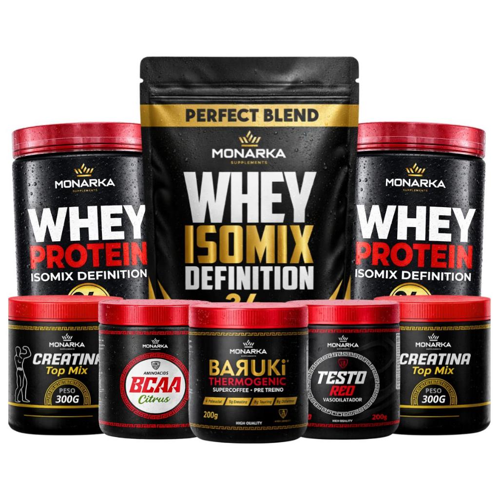 KIT Whey Isolado Concentrado 2kg 34g Proteína + Creatina Monohidratada + Testo + Pré Treino + Bcaa