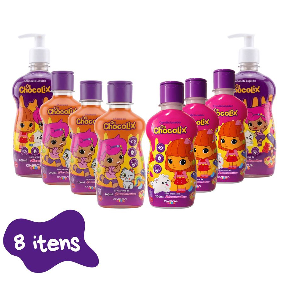 Kit Cuidado Diário Infantil Menina Chocolix 3 Shampoo, 3 Condicionador e 2 Sab Líquido Omega Kids