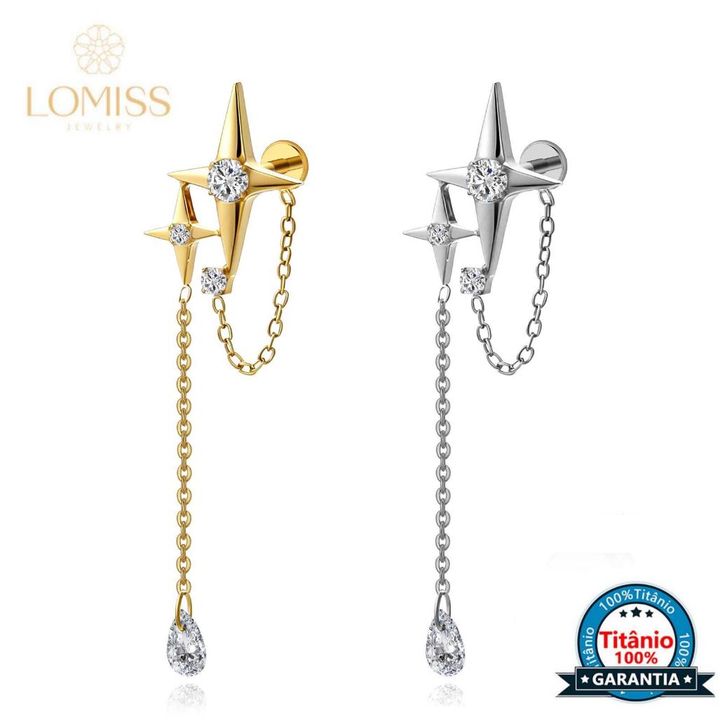 Piercing TitâNio Estrela de quatro pontas Com corrente de pingente de zircônia