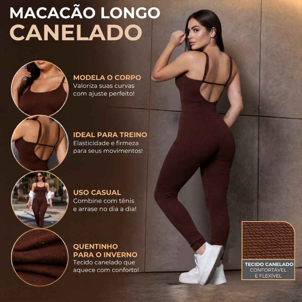 Macacão Longo Academia Feminino Canelado Alcinha Roupa Macaquinho Fitness Esportivo Treino Yoga