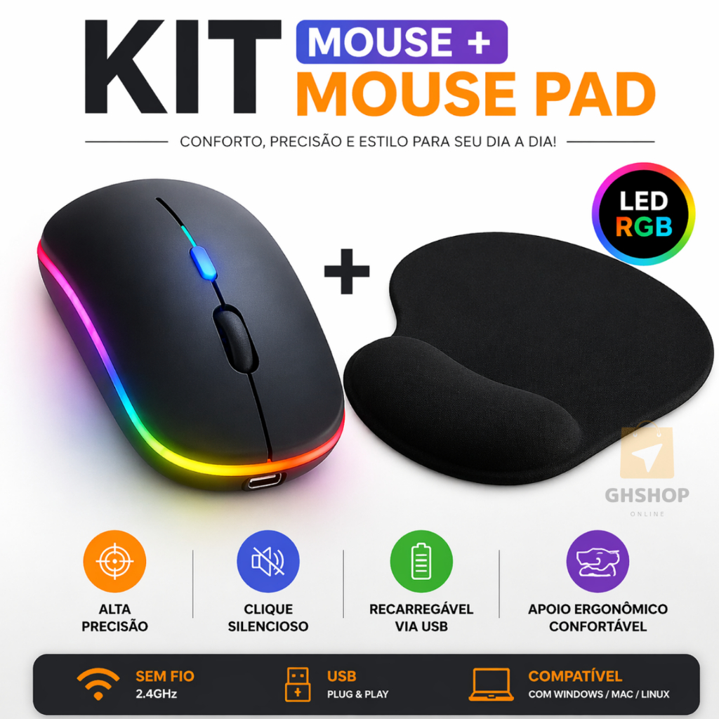Kit Mouse Sem Fio Recarregavel Para Notebook Rgb + Mouse Pad Apoio Punho