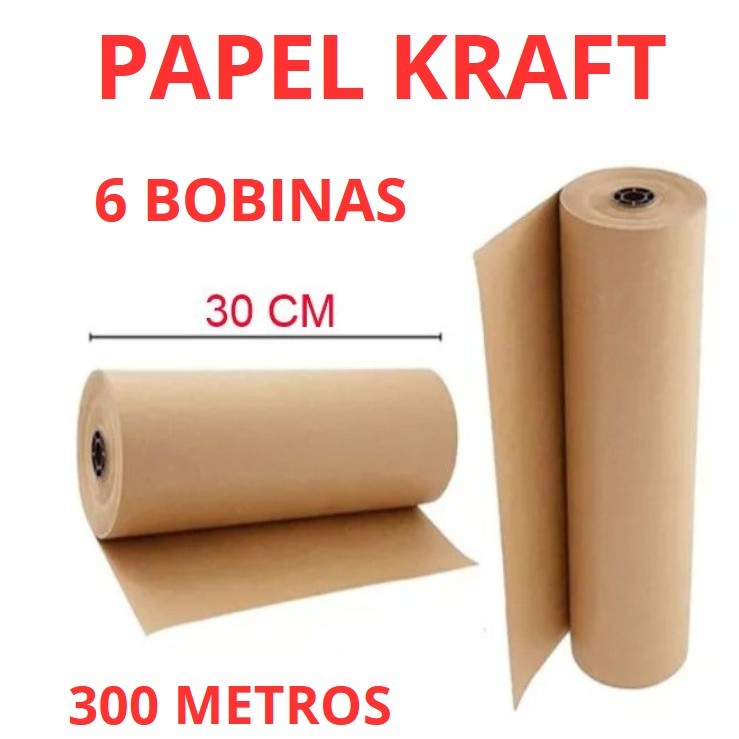 6 Bobina Papel Kraft Bobina 30cm Aprox. 5 KG 300 metros (cada)  Pardo Embalagem Caixa