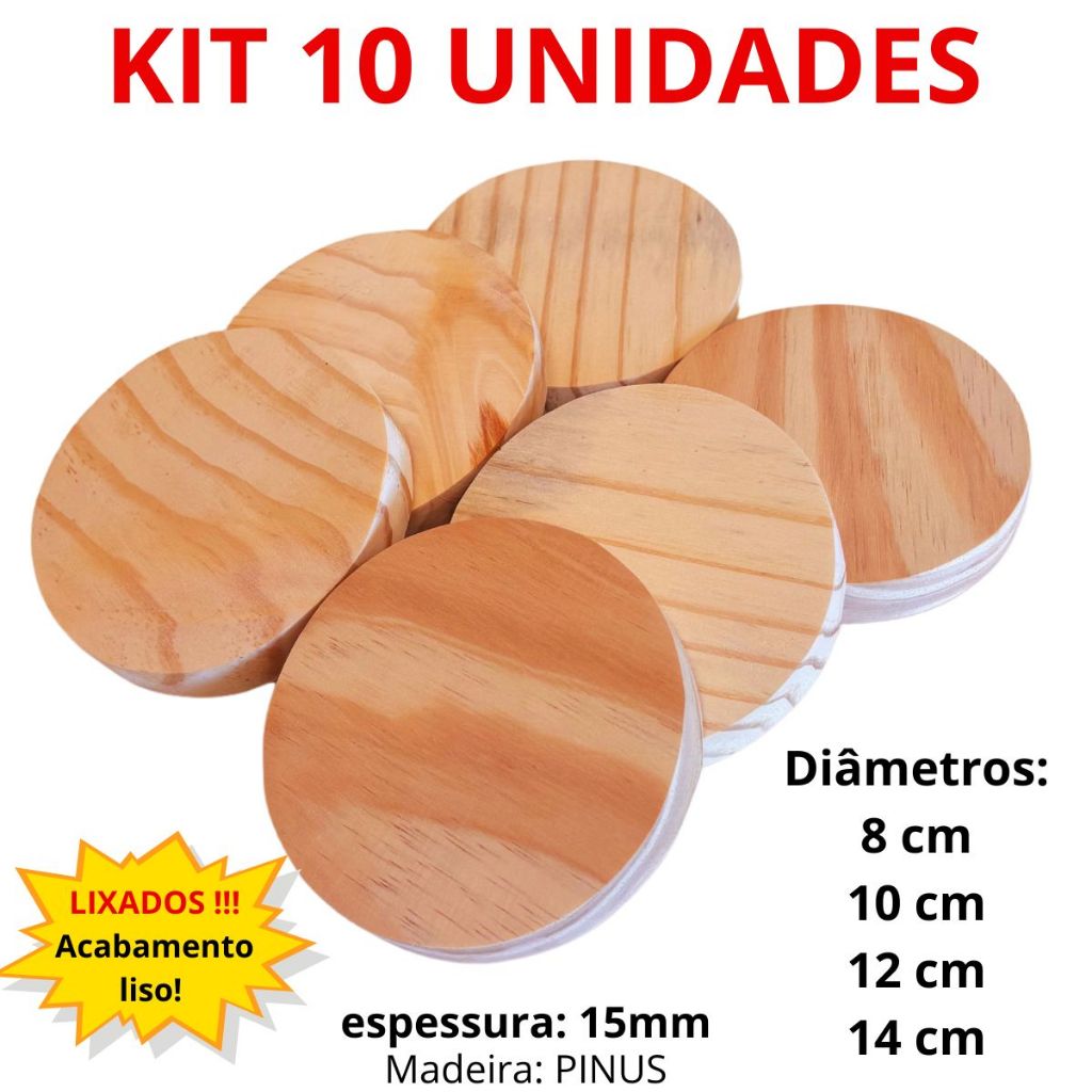 Kit 10 UN Placa Base Redonda Bolacha Madeira Pinus 8 10 12 14 cm diametro