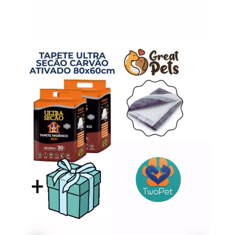 KIT 2 Tapetes Higiênicos 60x 80 30unidades  Ultra Secão Carvão Ativado para Cães e Gatos Pets Grande