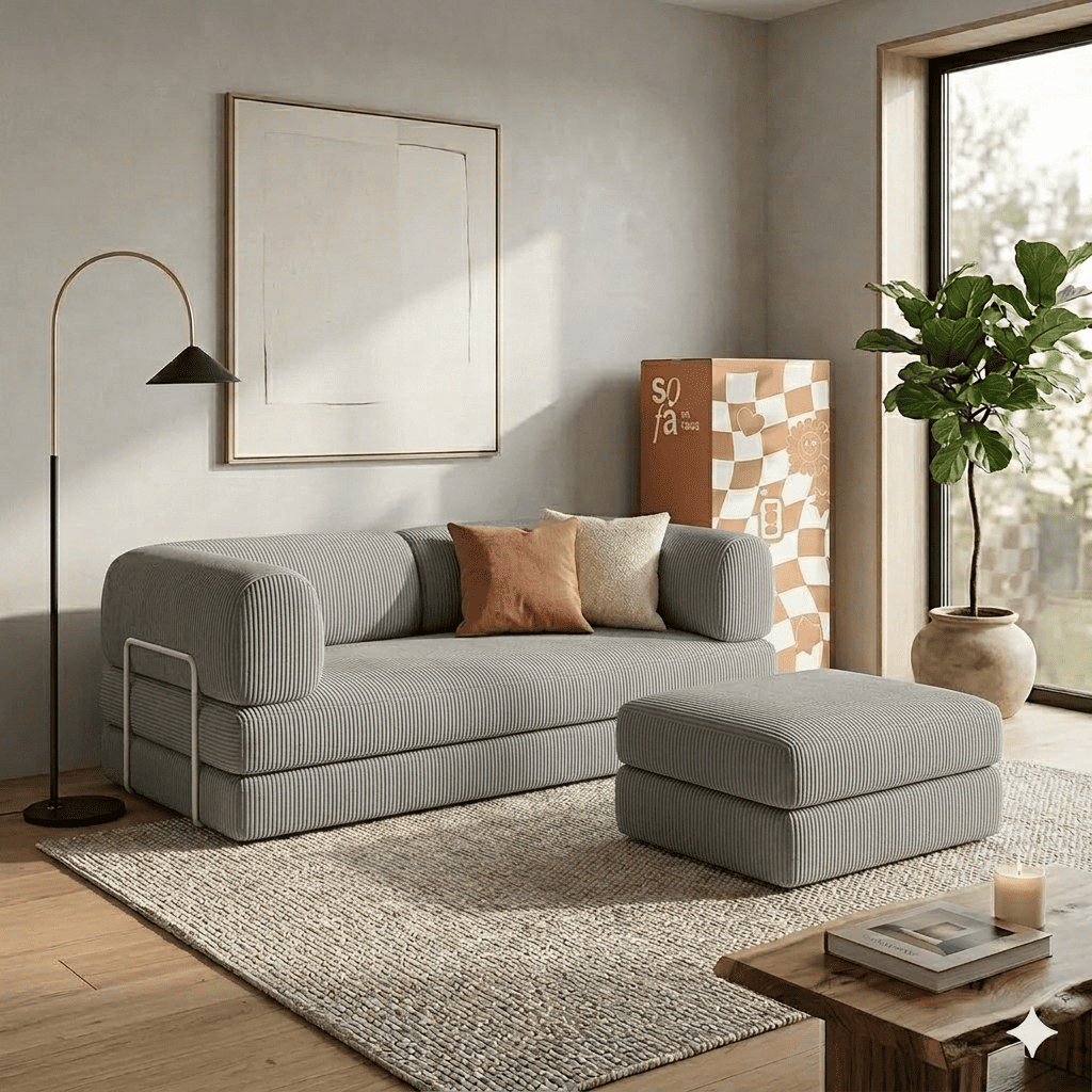 Sofá Cama Casal 2 lugares com Apoio de Pés e Haste Inox - Bloom 1,90m -  Sofá na Caixa