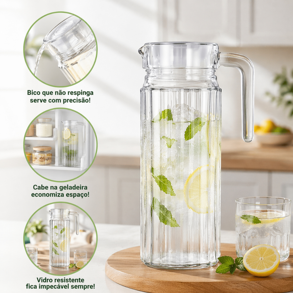 Jarra Para Água Suco Bebidas Geladas de Vidro 1 Litro Transparente Servir Elegante Achadinhos Casa