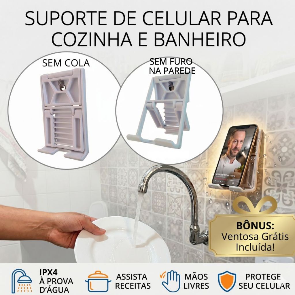 Suporte Celular Parede | Cozinha Banheiro Sem Furo Articulado Dobravel Universal Ajustavel Assistir.