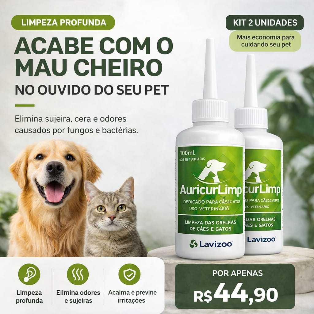 Limpa Ouvido Cães Gatos Lavizoo 100ml | Elimina Mau Cheiro Coceira Sujeira | Solução Auricular Pet