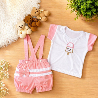 Jardineira com camisa bebê recém-nascida 0-3 meses princesa picolé 2 peças em Oferta na Shopee