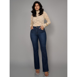 Calça Jeans Feminina Contry Flare Básica Cós Alta Com Elastano Com Bolsos Reta