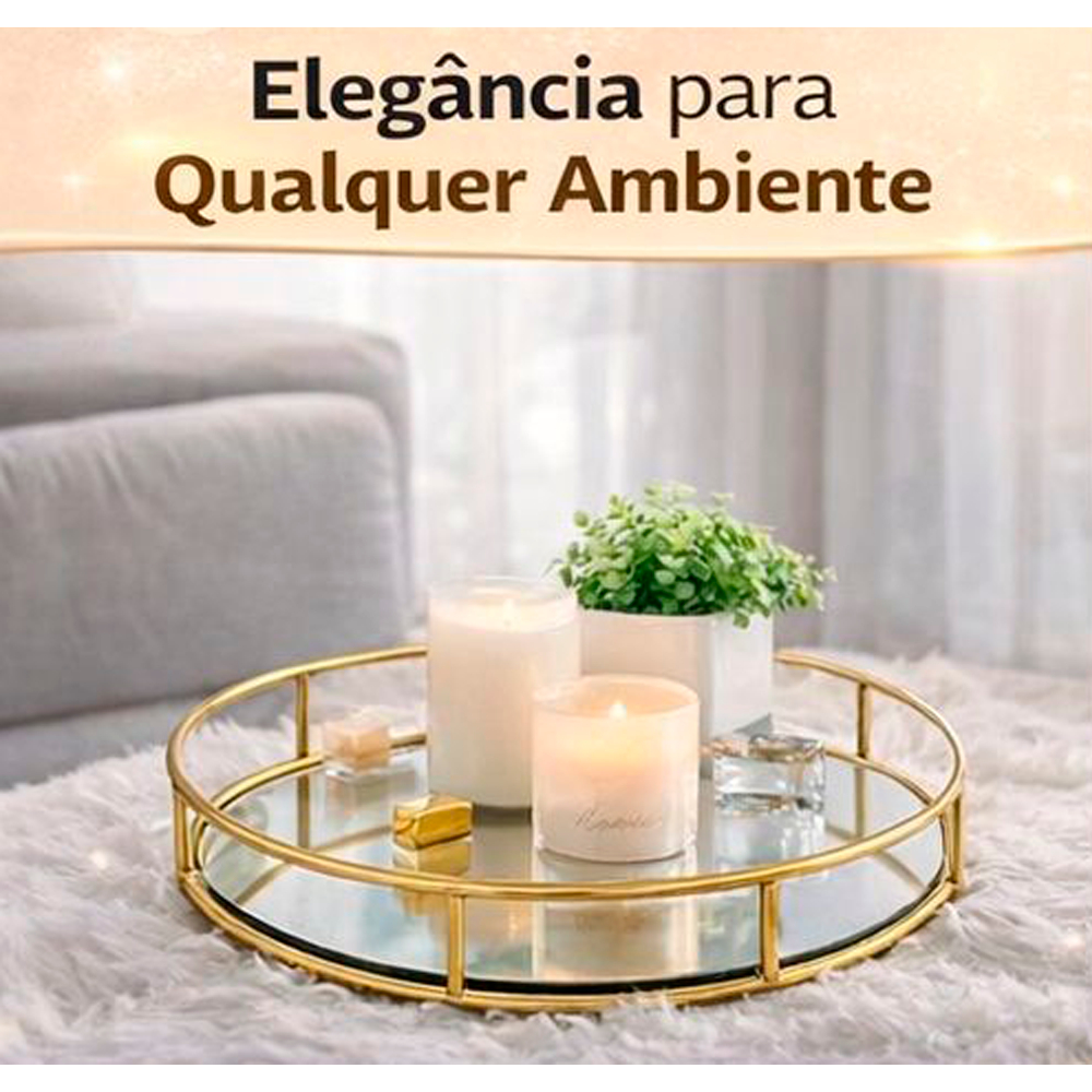 Bandeja Decorativa Dourada Com Espelho Redonda 23cm - Bandeja para Perfumes Maquiagem Lavabo Banheiro Sala e Quarto
