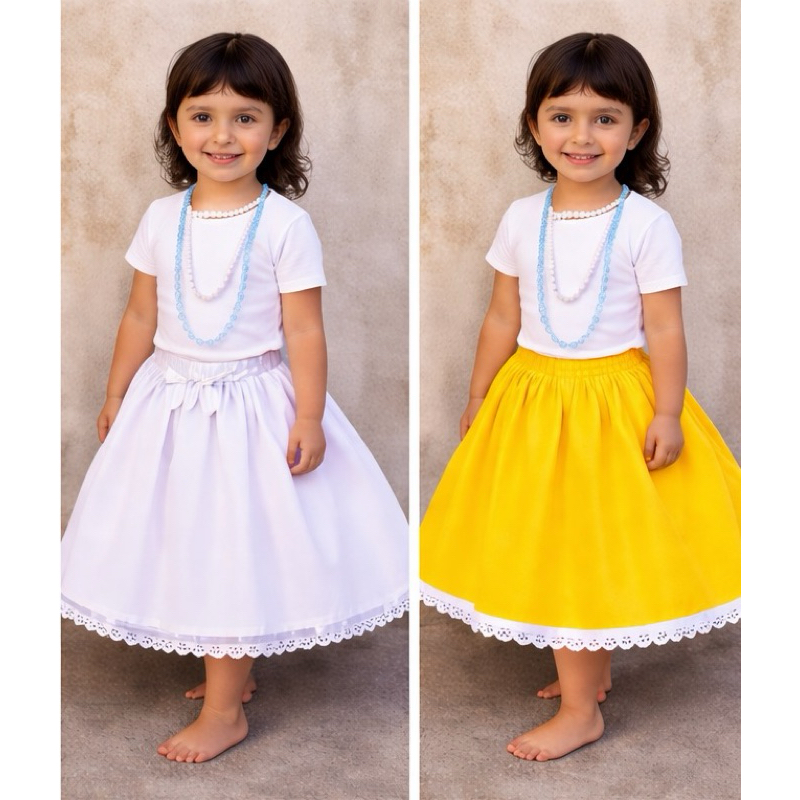 Saia Infantil Umbanda, branca, amarela, azul e rosa  – Bordado Inglês com Fita  / 1 a 12 anos. Candomblé roupa de santo