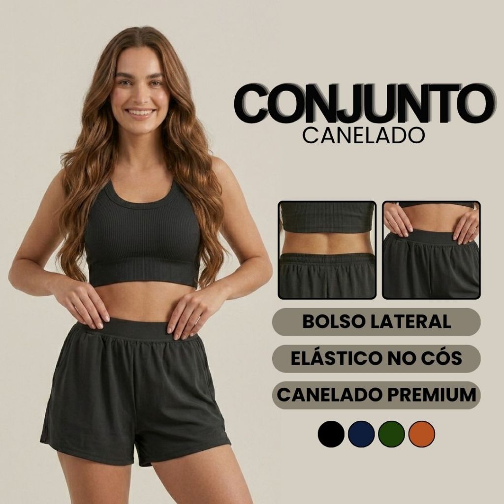 Conjunto Feminino Academia Dia a Dia Malha Canelada Zero Transparência Elástico Básico Preto