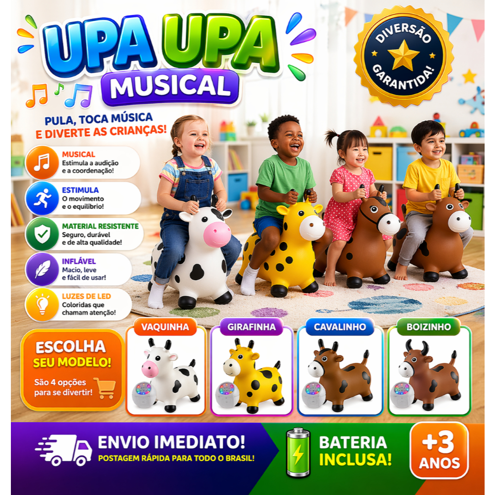Brinquedo Upa Upa Musical Inflável com Luz e Som Vaquinha Girafinha Cavalinho Pocotó