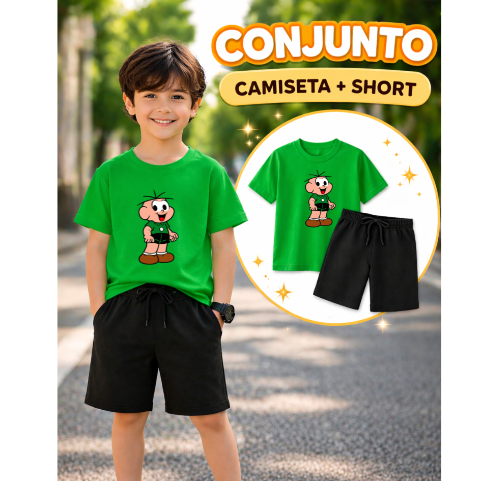 Conjunto Infantil Camiseta e Short Moletinho Estampado Turma da monica Cebolinha Cascão festa temati
