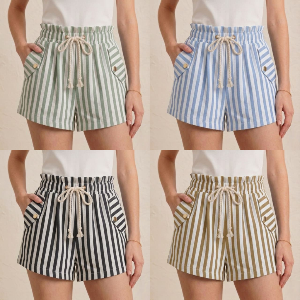 Short Feminino Linho Listrado com Elastico na Cintura e Bolso