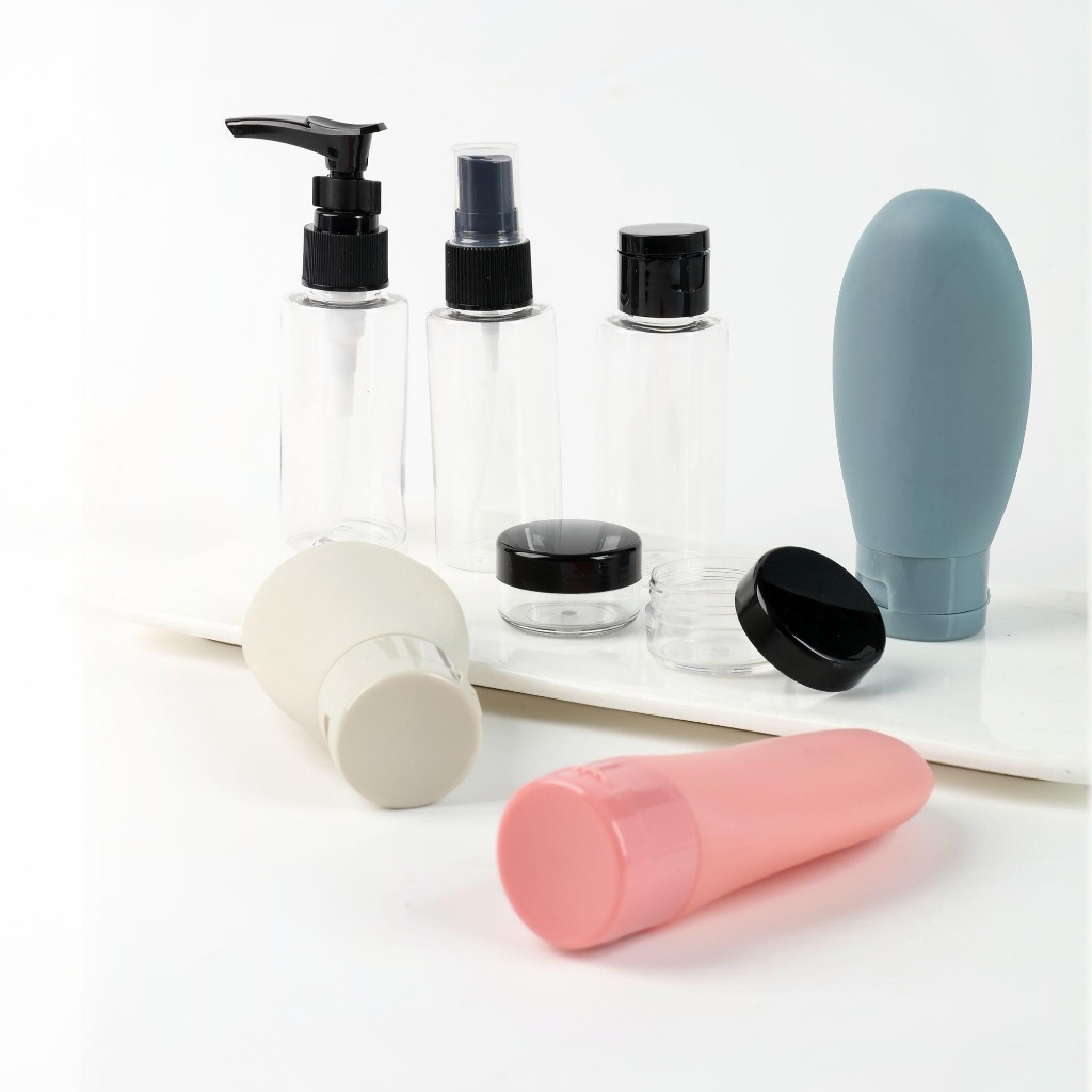 Kit Frascos Viagem Portátil - Recipientes para Cosméticos e Shampoo, Permitido no Avião, Fácil de Levar e Compacto