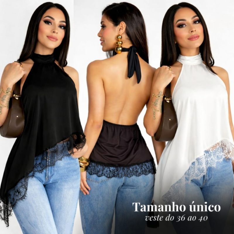 blusa bata feminina assimétrica com renda cropped gola alta