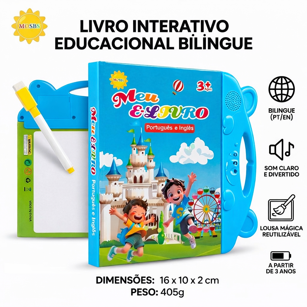 Livro Infantil Educativo com Som e Escrita | Bilíngue PT/EN + Lousa Mágica + Caneta