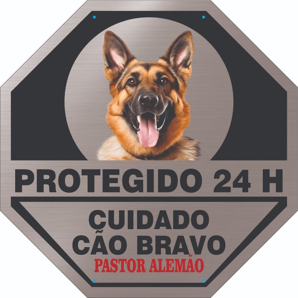 PLACA CÃO BRAVO OCTAGONAL - TAMANHO 21x21 CM EM ALUMÍNIO - COM FITA DUPLA FACE PARA COLAR E COM 4 FUROS