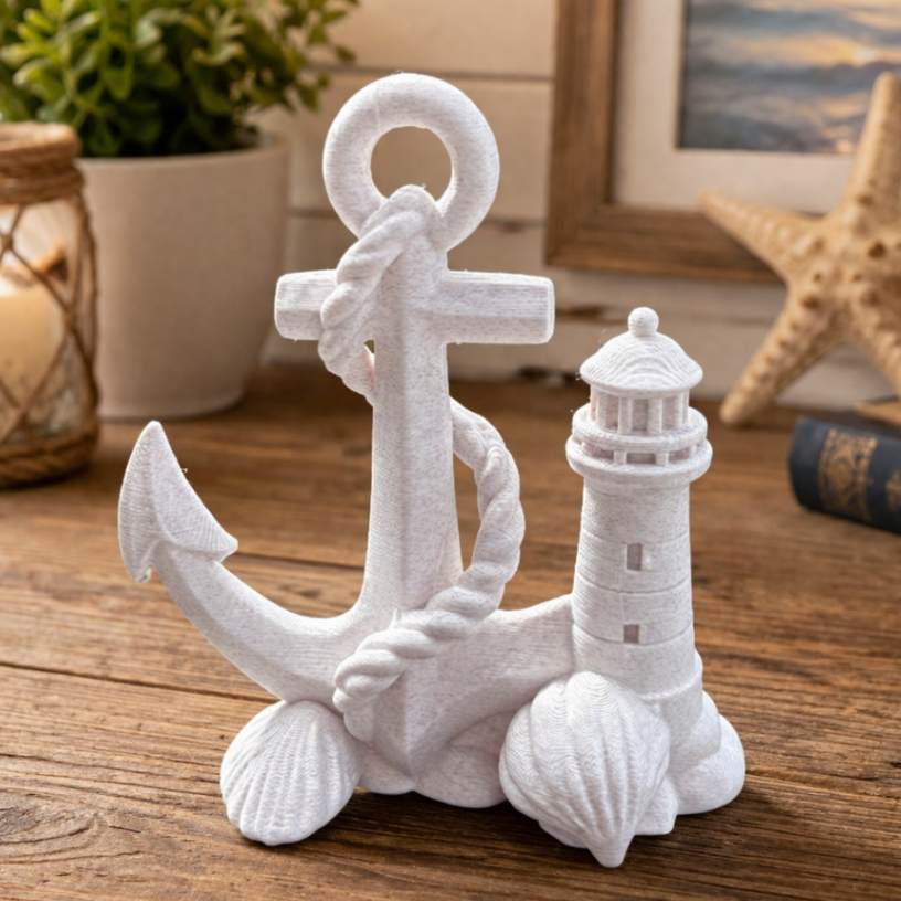 Decoração Náutica 3D Âncora com Farol e Conchas | Peça Decorativa Marítima l Decoração Praia/Mar l Casa / Escritório.