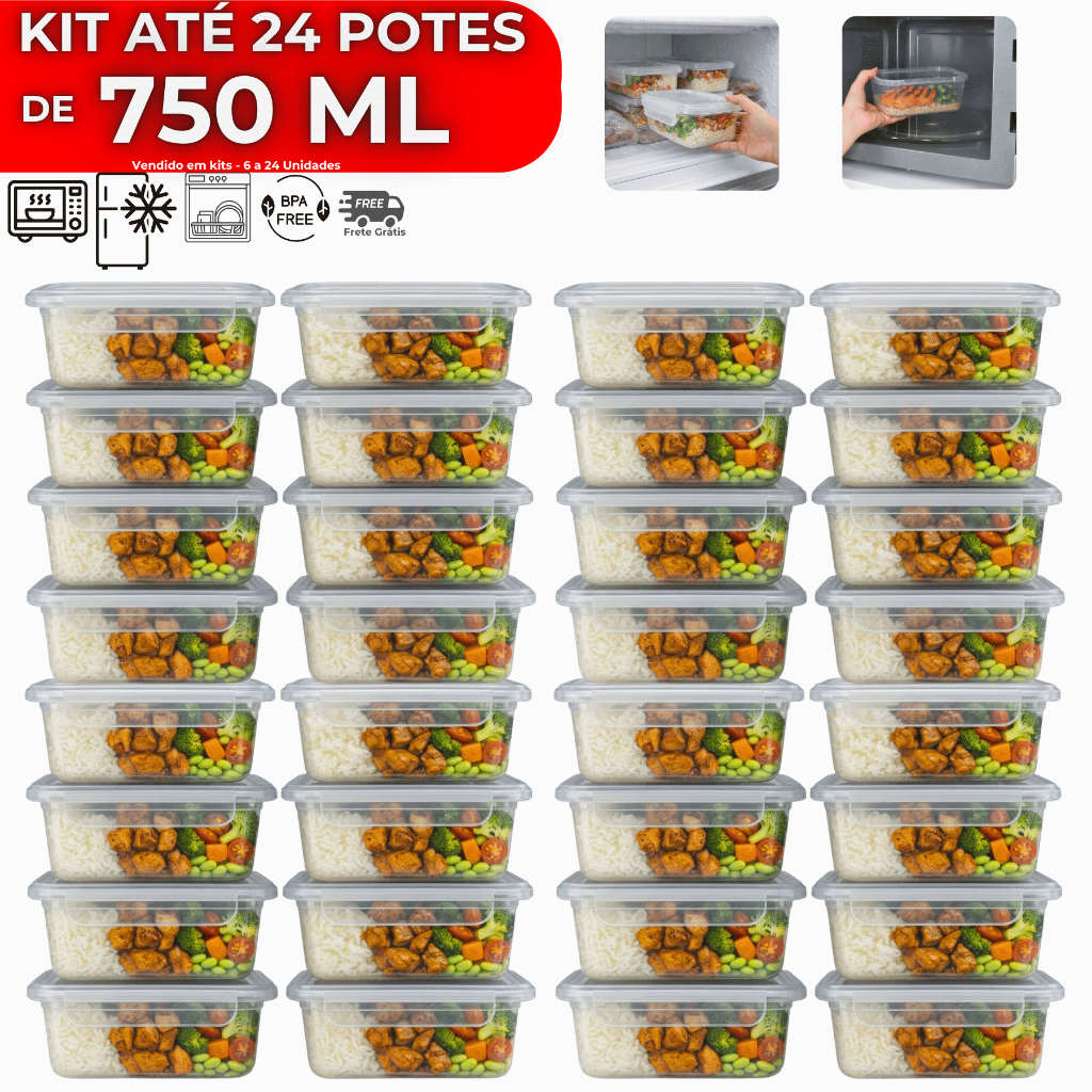 Kit até 24 Potes 750ml Pote Com Tampa 4 Travas Alta Vedação Não Vaza Marmitas Fitness Saladas