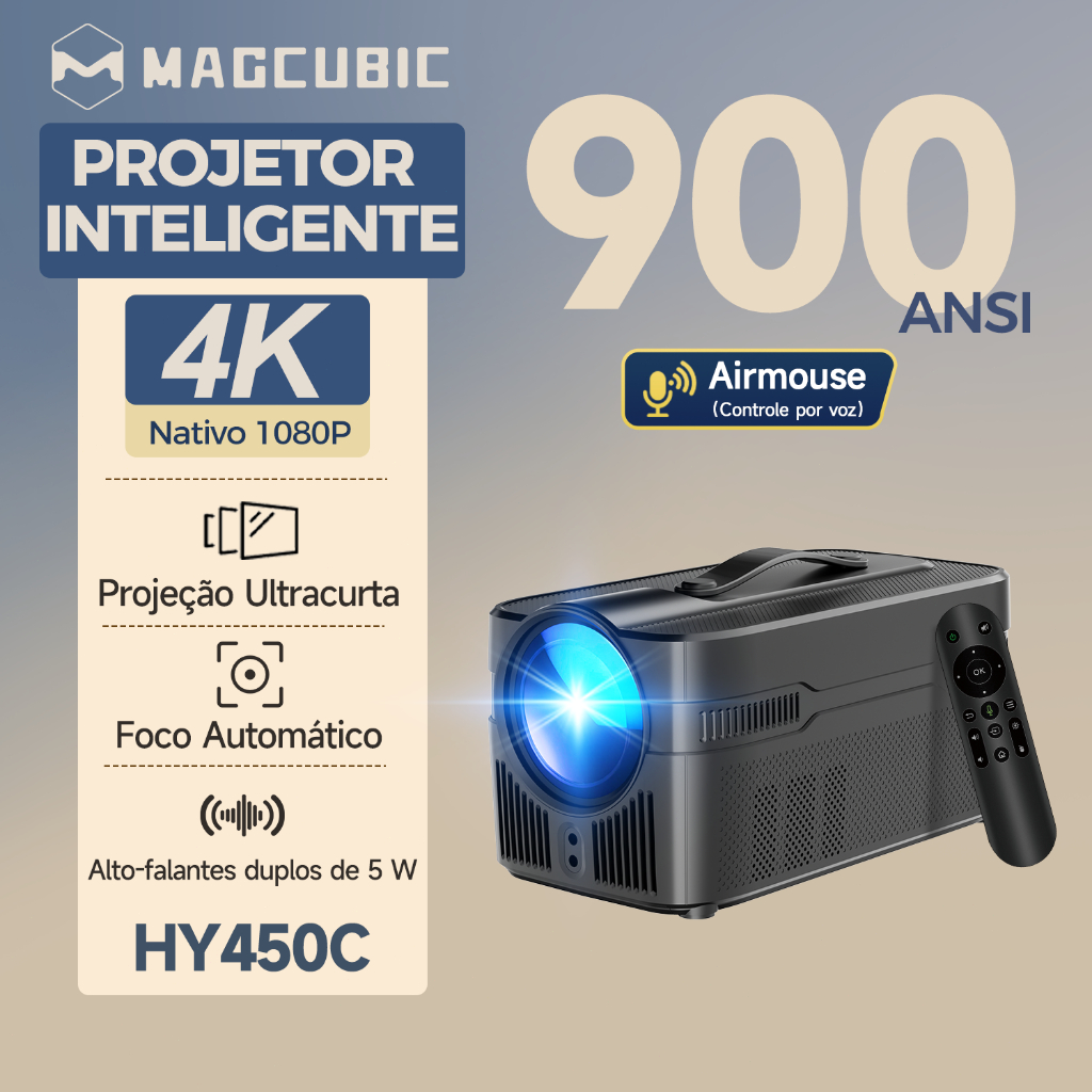 MAGCUBIC HY450C Projetor 900ANSI Suporte 4K Foco Automático Alto-falantes Duplos De 5W Integrados Cinema