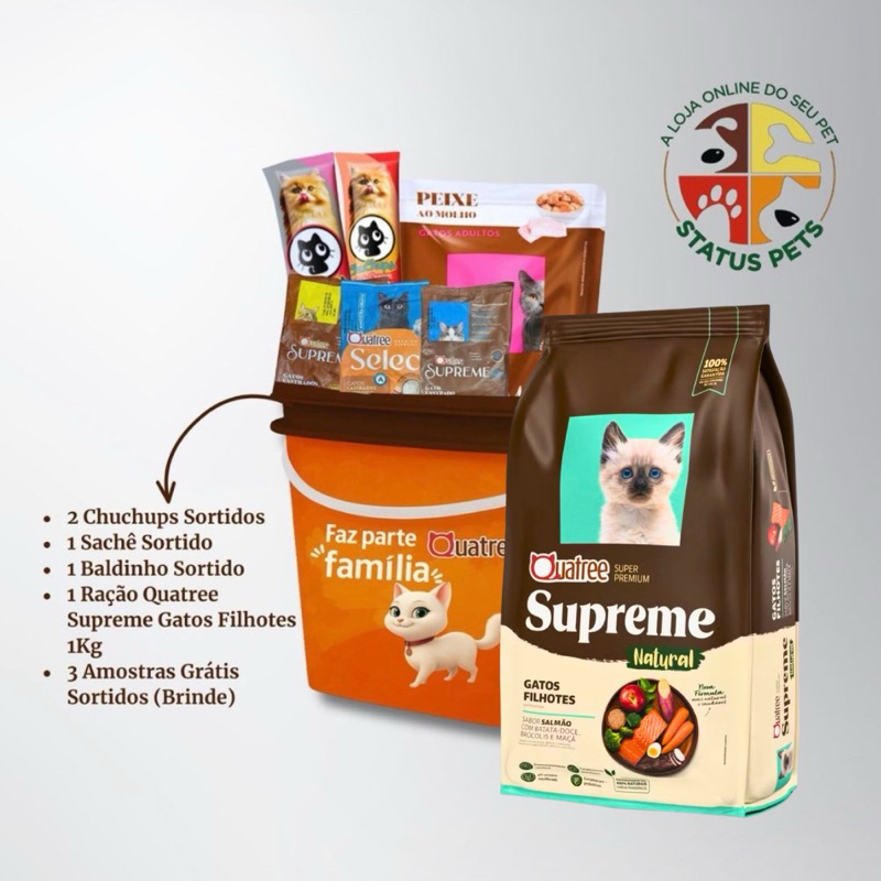 KIT Premium Quatree Supreme Gatos Filhotes Sabor Salmão + Petiscos + Balde Brinde