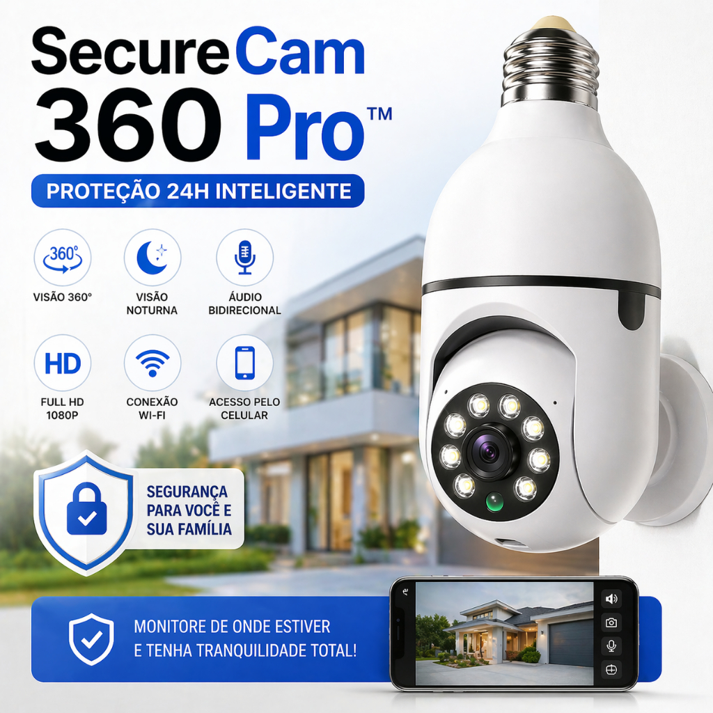 Câmera Lâmpada 360° Wi-Fi Full HD SecureCam 360 Pro™ Monitoramento pelo Celular Visão Noturna
