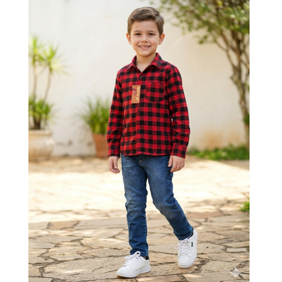 Kit Conjunto Infantil Juvenil Masculino Camisa Xadrez Flanelada Manga Longa + Calça Jeans Skinny com Lycra Tam 4 ao 16