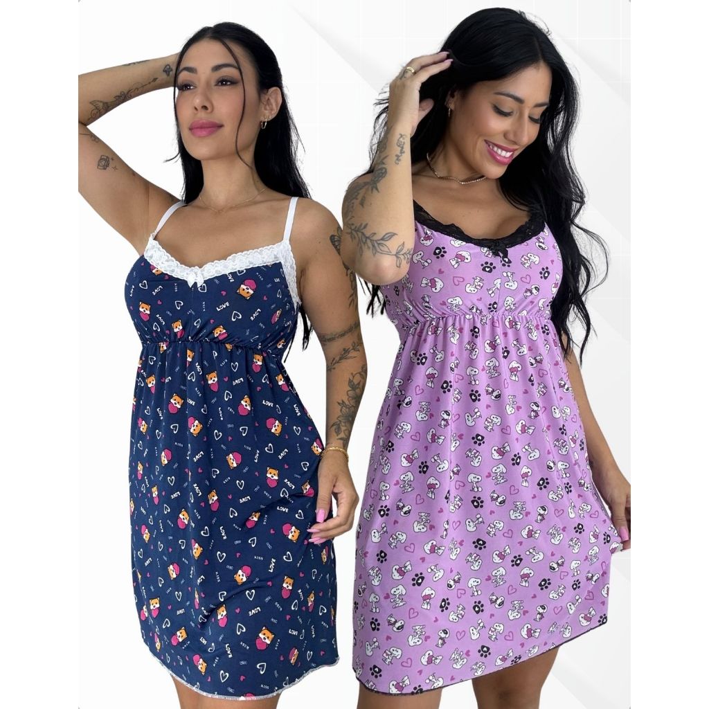 Kit 2 Camisola Feminina Pijama Liganete Confortável Microfibra Alcinhas Reguláveis Dormir Moda Noite