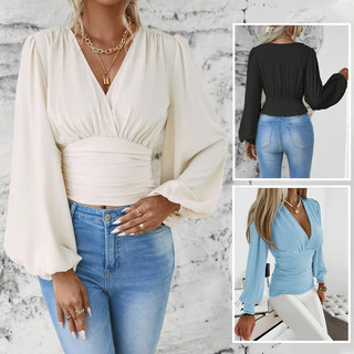 Blusa tule manga longa com Manga lanterna Franzida Blusas de Manga Longa Blusa Feminina Elegante