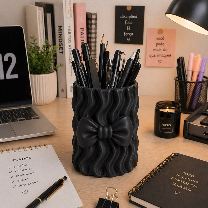 Organizador De Penteadeira Preto Porta Pincel Maquiagem Porta Objetos Com Laço Decorativo