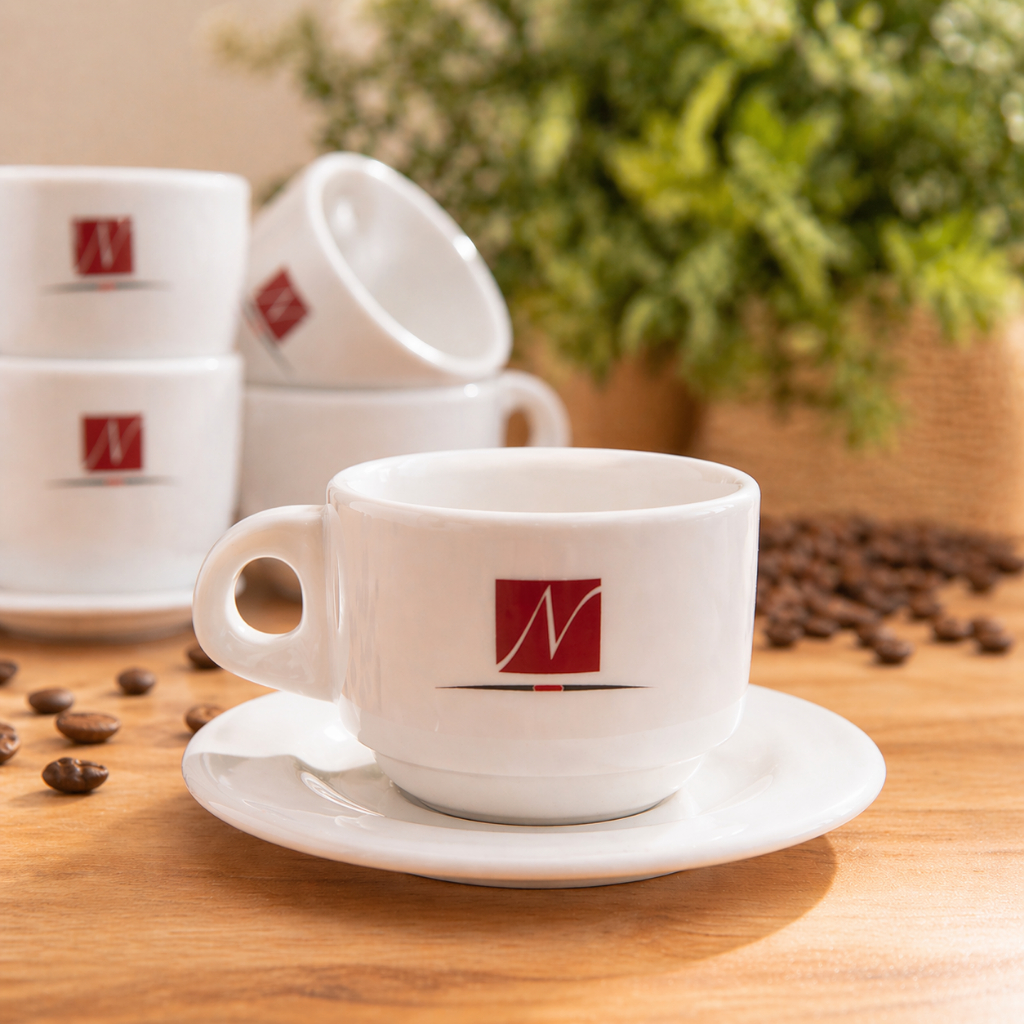 Xícara de Café Porcelana Personalizada Logo Empresa + Pires | Lembrancinha Corporativa para Clientes