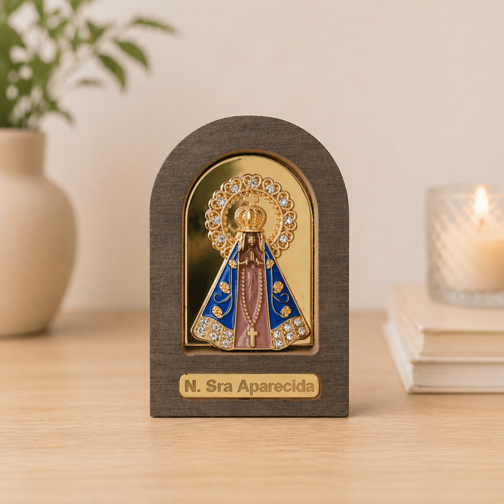 Adorno Mesa Nossa Senhora Aparecida Acrílico Espelhado Decoração Religiosa Presente Fé Imagem Religiosa Santo de Resina